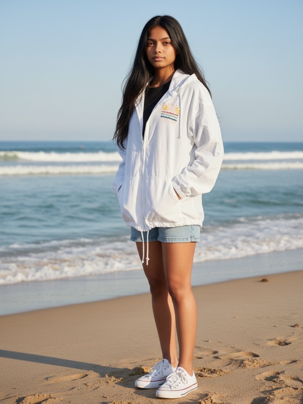 NWT Surf Style White Hooded Zip Up Cotton Windbreaker with Sun Print in Florida
